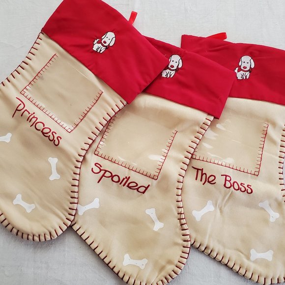 Set of 3 Red Pampered Dog Christmas Stockings Spoiled Princess Boss 16"x8" - Picture 1 of 10